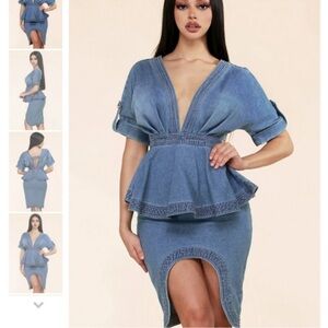 Denim Blue Women's Plunge Neck, Peplum, Small